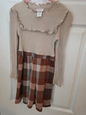 Little Lass Beige Ribbed Top with Brown & Rust Plaid Skirt Dress